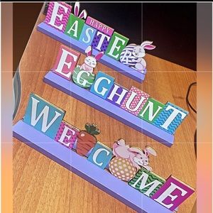 Set of 3pc Happy Easter wood countertop signs. Seasonal, holiday home decor.